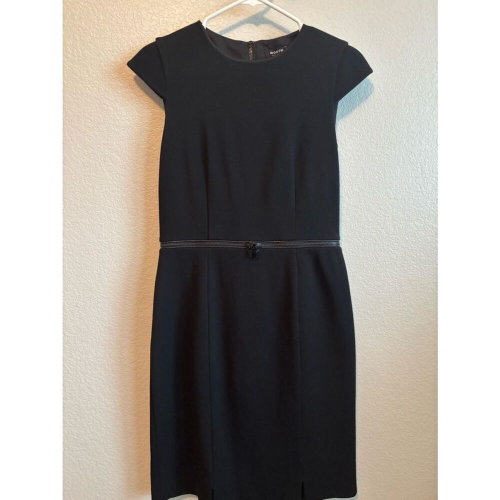 Worth Black Cap Sleeve Midi Sheath Dress